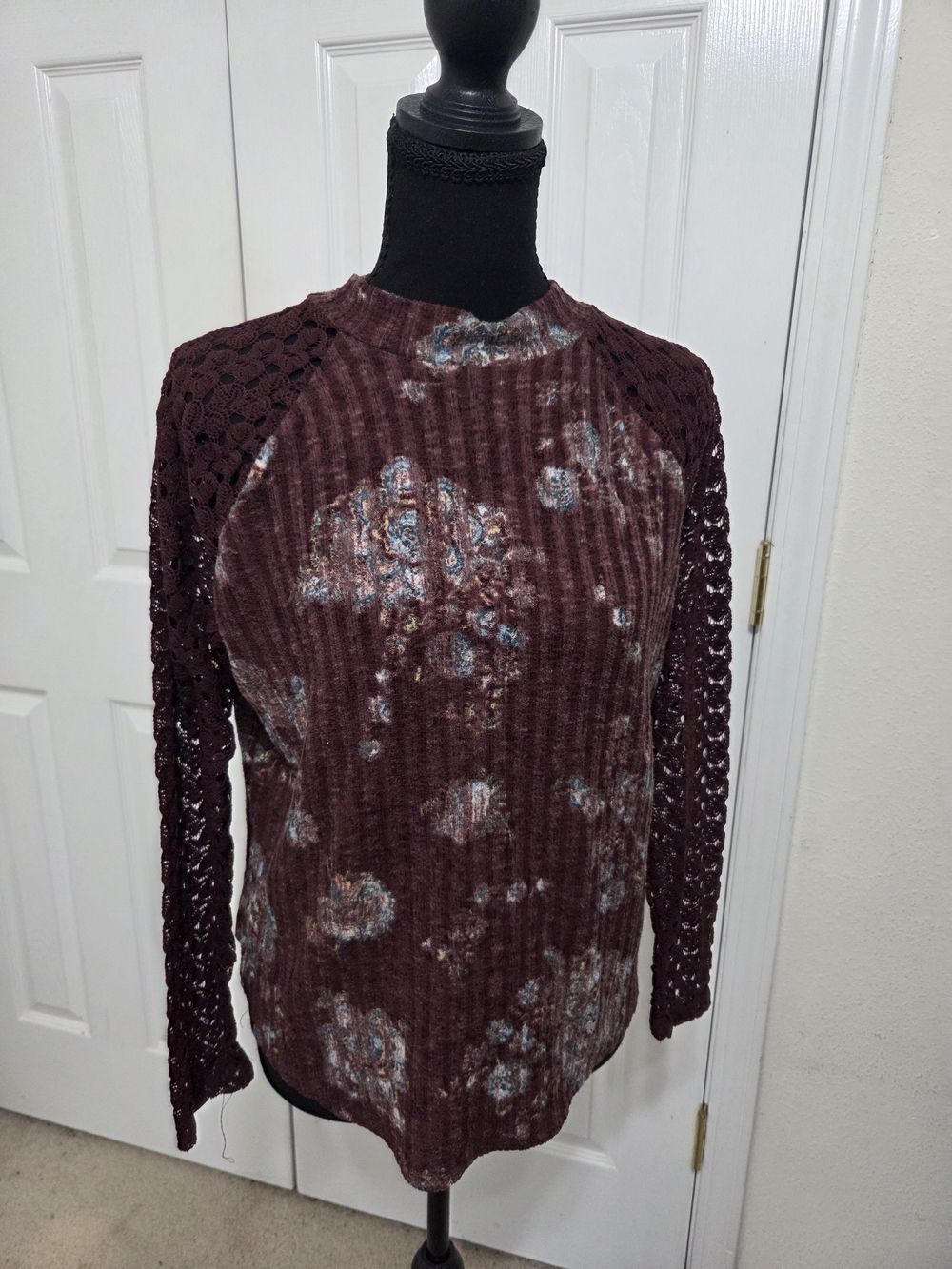 Maurices Burgundy Floral Ribbed Long-Sleeve Top with Crochet Sleeves